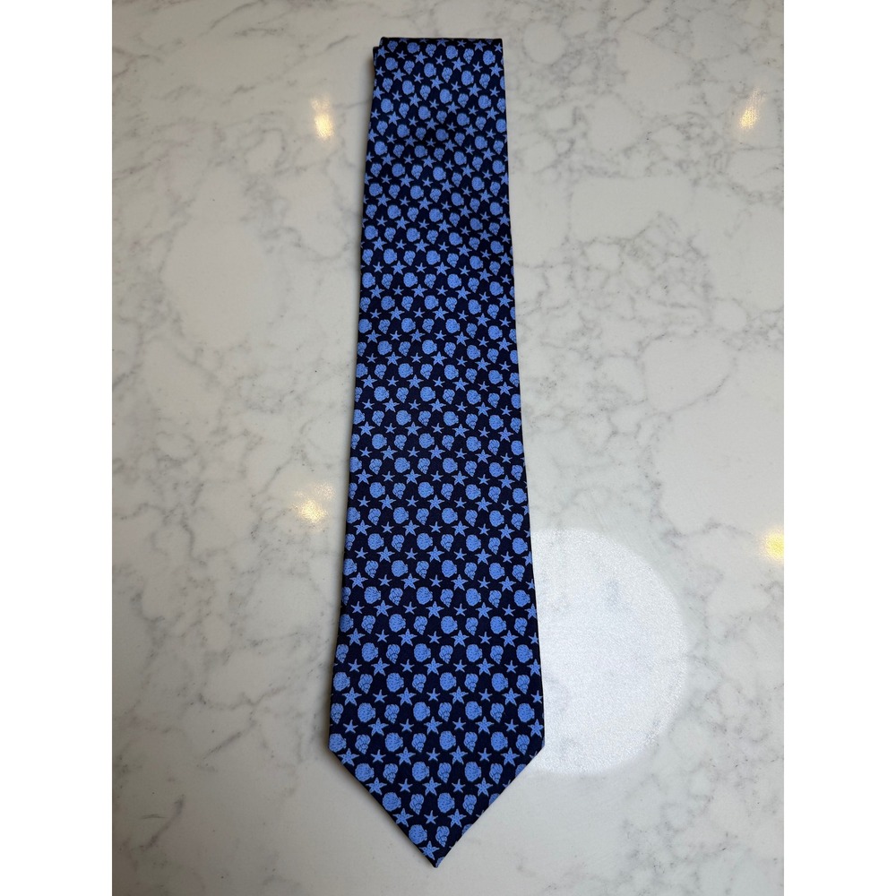 Lands End Mens Silk Tie Navy Blue Light Blue Seashell Starfish Nautical Handsewn